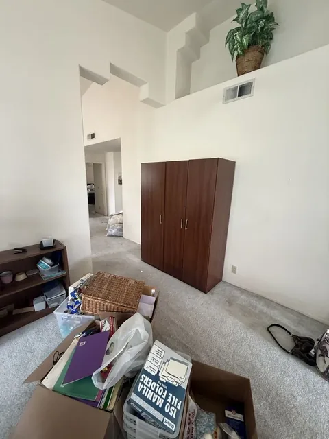 Carpeted room with a tall wooden wardrobe, a small bookcase, and cardboard boxes of loose supplies on the floor