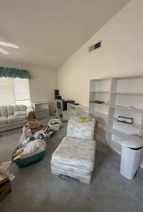 Living room with a patterned chaise, a loveseat, white bookshelves, a small TV, and baskets and boxes of items on the carpet