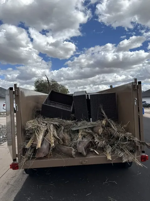 Open dump trailer on a residential street loaded with palm fronds, trunk pieces and black patio furniture under a cloudy sky